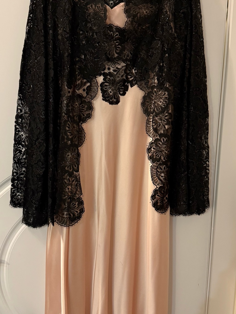 Kim Hicks NY Couture Pink Silk Slip Gown and Black Metallic Lace Jacket Set Sz L